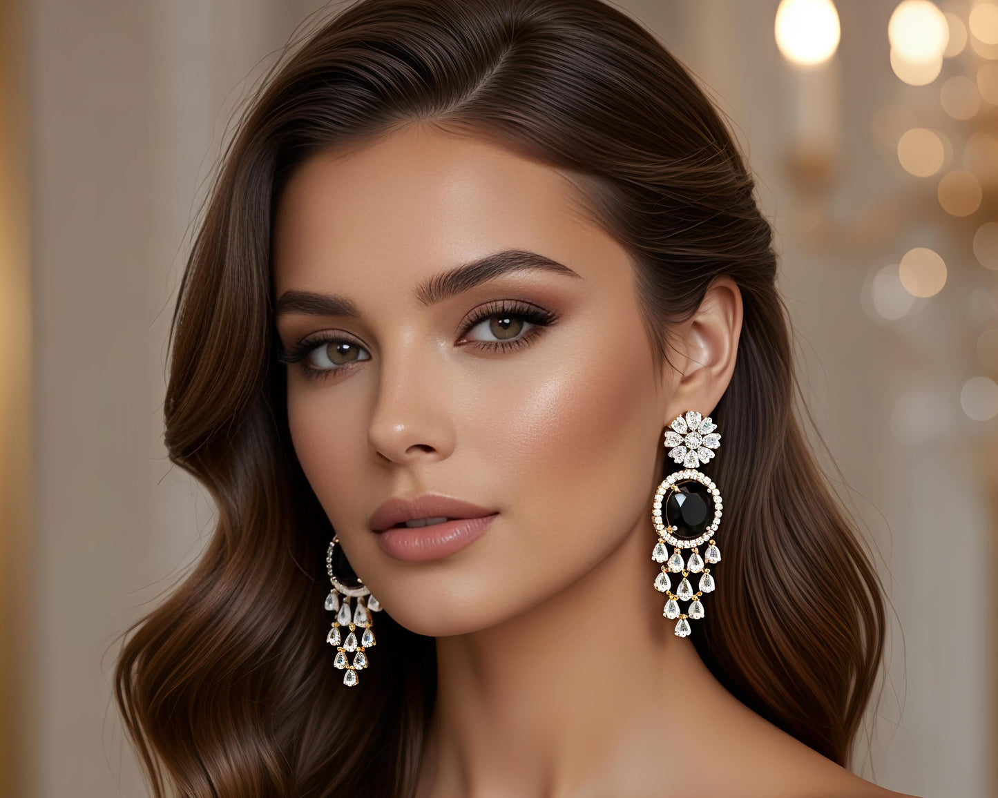 Luxury Black Stone Drop Earrings with Crystal Detailing – Elegant Party & Wedding Jewelry for Women