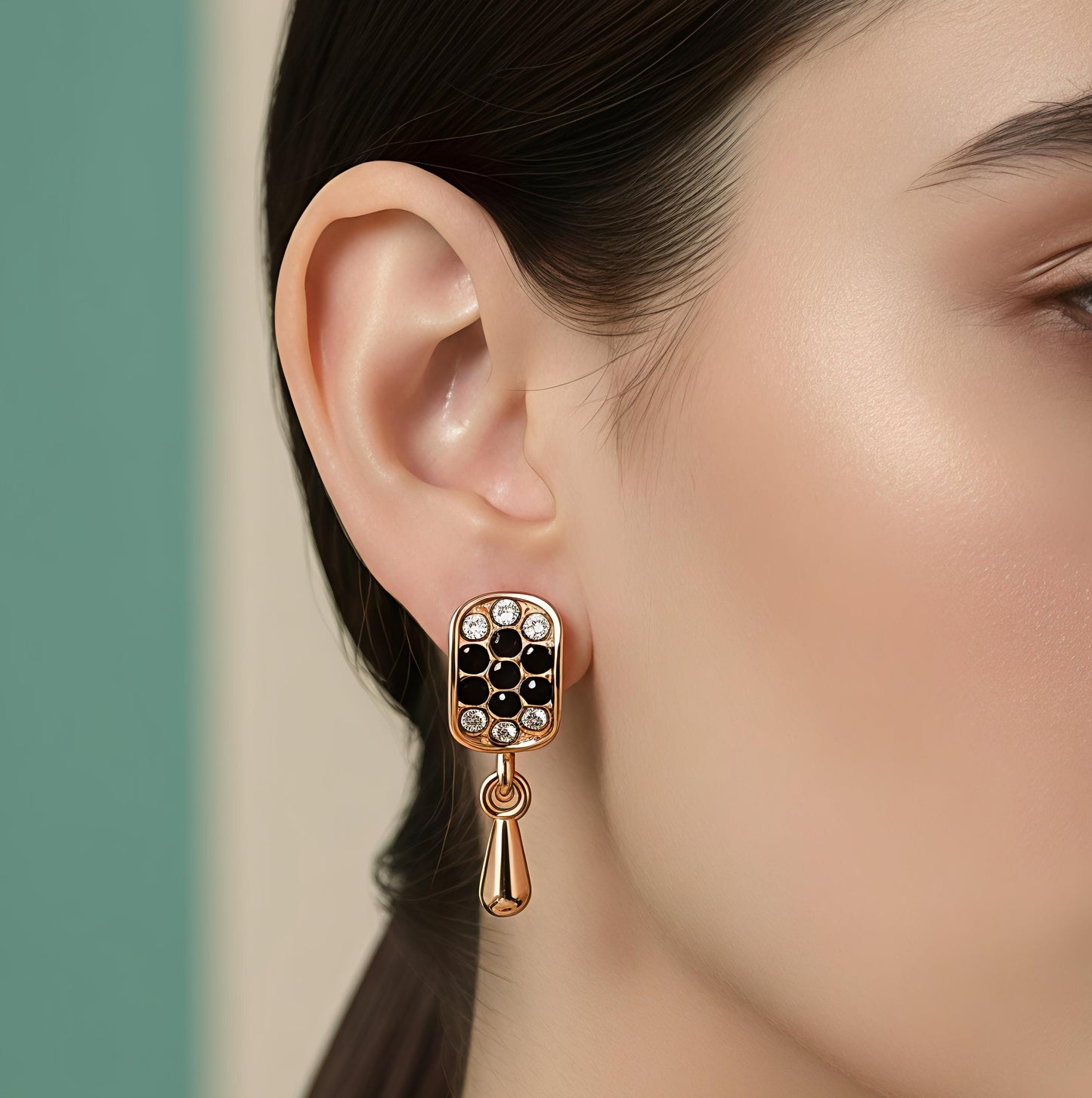 Luxury Gold Drop Earrings with Black Stud – Elegant Designer Party Wear Earrings for Women