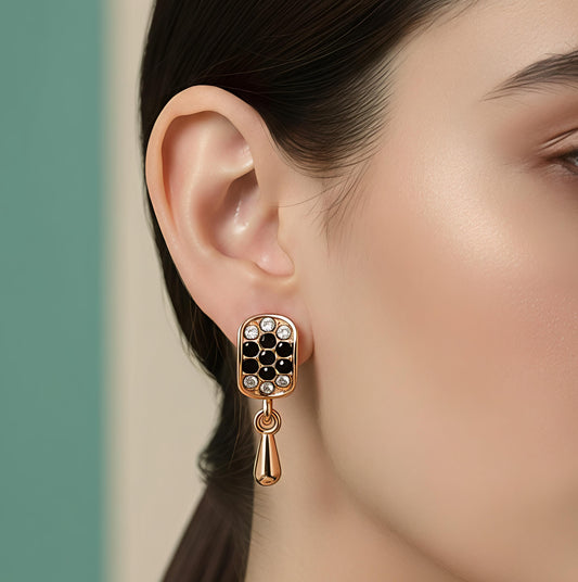 Luxury Gold  Drop Earrings with Black Stud – Elegant Designer Party Wear Earrings for Women