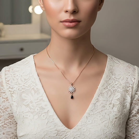 Elegant Snowflake Pendant Necklace with Black Teardrop Stone – Rose Gold Chain | Bridal & Party Jewelry