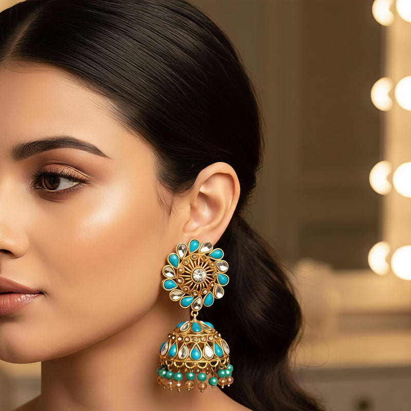 Traditional Gold Plated Turquoise Jhumka Earrings for Women – Bridal & Party Wear Ethnic Jewelry