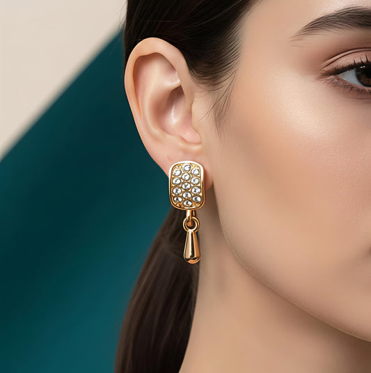 Luxury Gold Drop Earrings with Crystal Stud – Elegant Designer Party Wear Earrings for Women