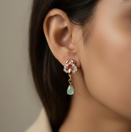 Luxury Gold Plated Heart Drop Earrings with Vibrant Siyan Ruby Teardrop and Sparkling Crystal Accents - Elegant Women's Fashion Jewelry for Valentine's Day, Weddings, and Special Occasions