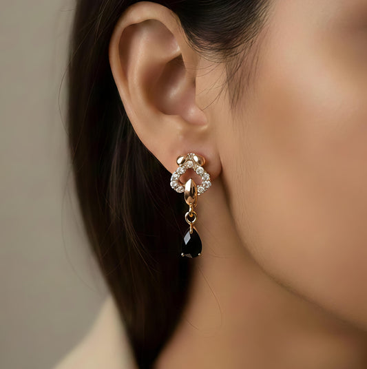 Luxury Gold Plated Heart Drop Earrings with Vibrant Black Ruby Teardrop and Sparkling Crystal Accents - Elegant Women's Fashion Jewelry for Valentine's Day, Weddings, and Special Occasions