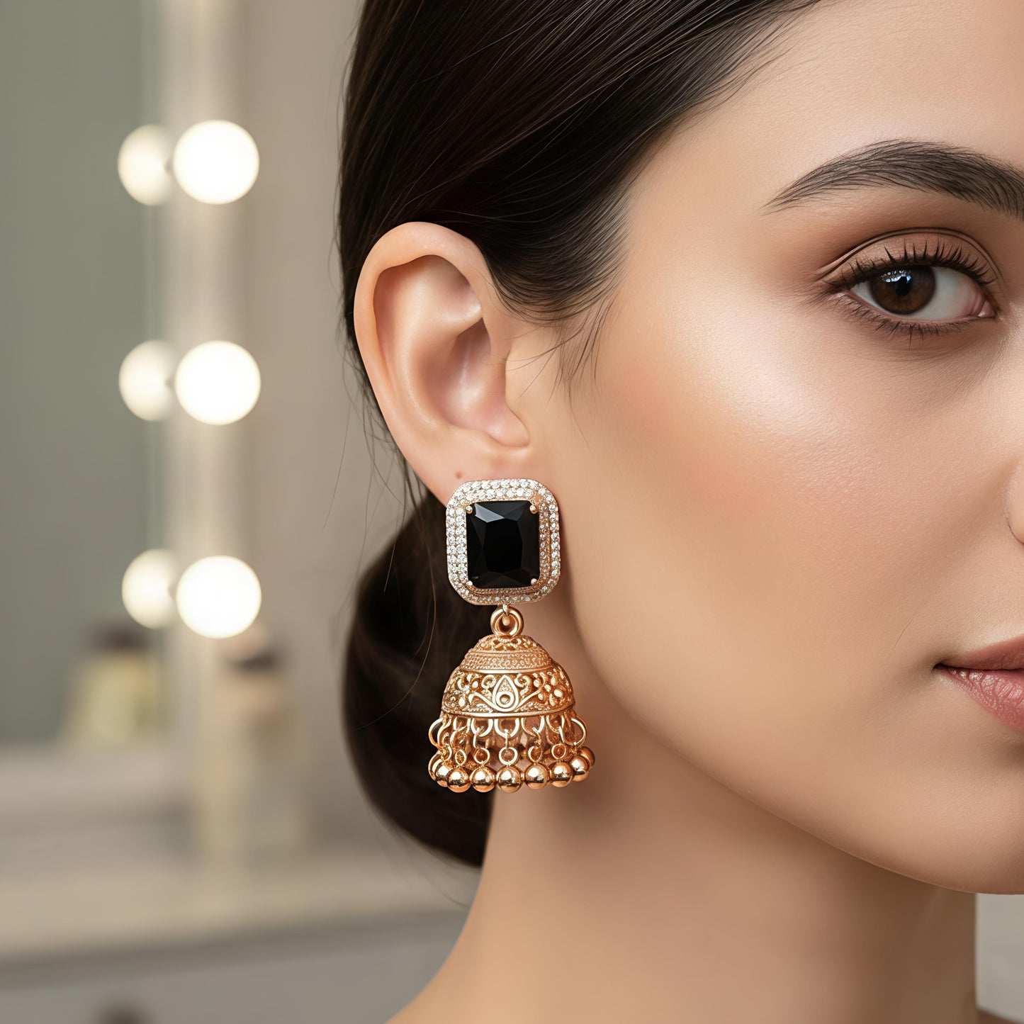 Elegant Gold Jhumka Earrings with Black Stone – Traditional Bridal & Party Wear Jewelry For Women