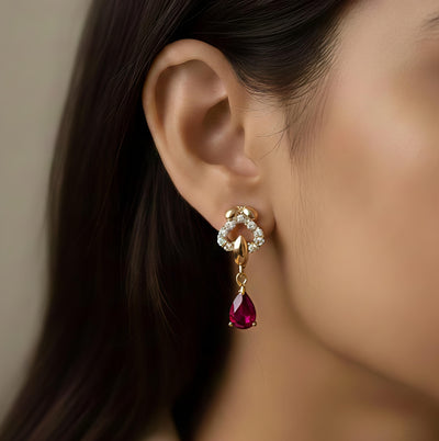 Luxury Gold Plated Heart Drop Earrings with Vibrant Red Ruby Teardrop and Sparkling Crystal Accents