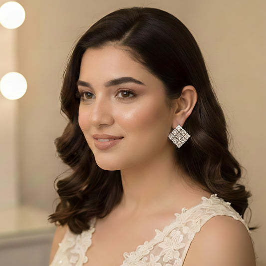 Luxurious Crystal Cluster Square Earrings for Women - Sparkling Rhinestone Stud Bridal Jewelry in Silver Tone