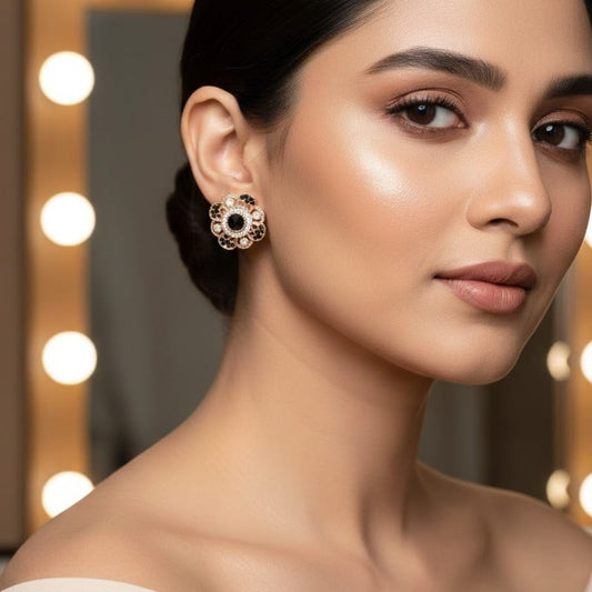 Elegant Gold Floral Stud Earrings with Black Stone – Designer Party & Wedding Wear Jewelry for Women