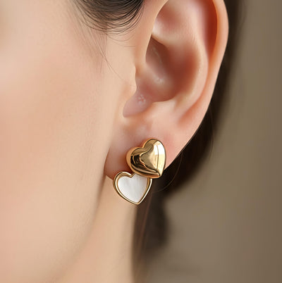 Luxury Gold Double Heart Stud Earrings – Elegant White Enamel Heart Statement Jewelry for Women