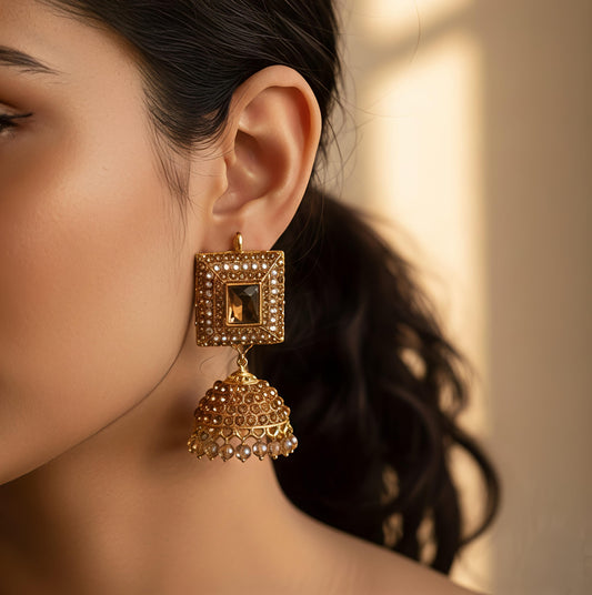 Gold Plated Square Jhumka Earrings with Crystals & Pearl Drops – Traditional Wedding Jewelry for Women