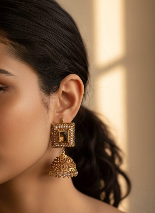 Gold Plated Square Jhumka Earrings with Crystals & Pearl Drops – Traditional Wedding Jewelry for Women