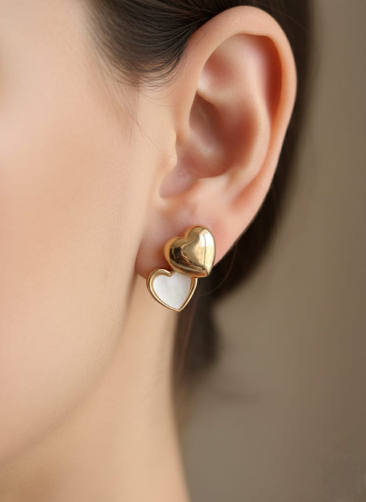 Luxury Gold Double Heart Stud Earrings – Elegant White Enamel Heart Statement Jewelry for Women