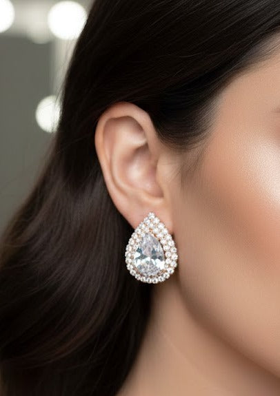Luxury Teardrop Crystal Stud Earrings – Elegant Bridal Statement Earrings for Wedding & Party Wear