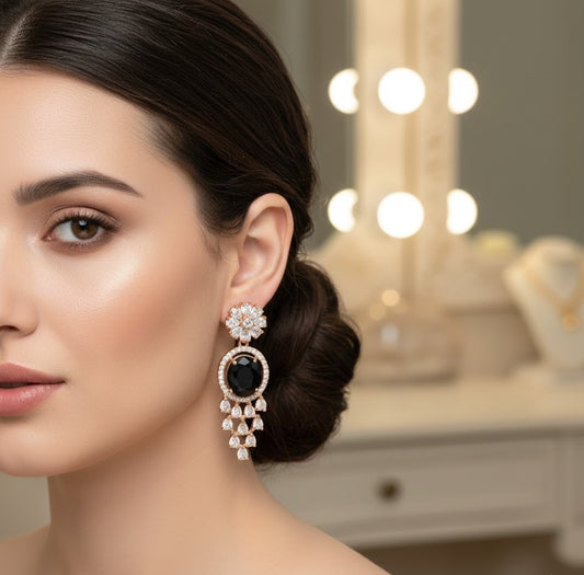 Luxury Black Stone Drop Earrings with Crystal Detailing – Elegant Party & Wedding Jewelry for Women