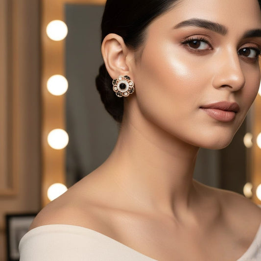 Elegant Gold Floral Stud Earrings with Black Stone – Designer Party & Wedding Wear Jewelry for Women