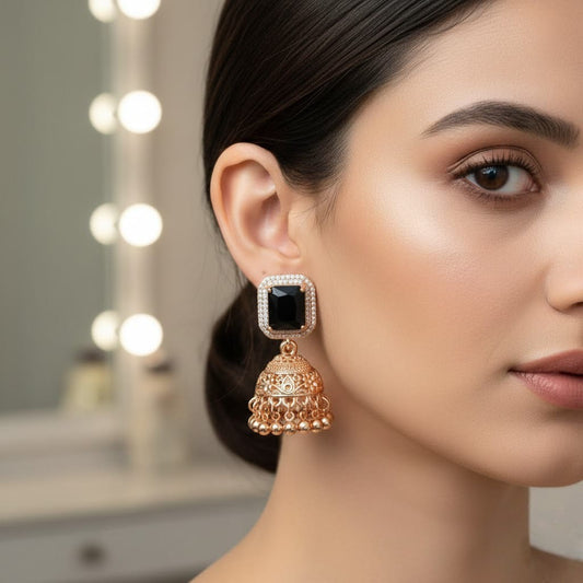 Elegant Gold Floral Stud Earrings with Black Stone – Designer Party & Wedding Wear Jewelry for Women