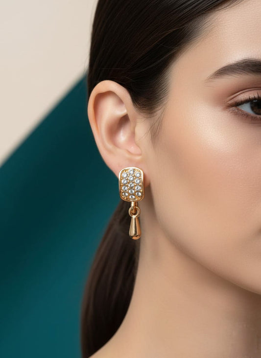 Luxury Gold Drop Earrings with Crystal Stud – Elegant Designer Party Wear Earrings for Women