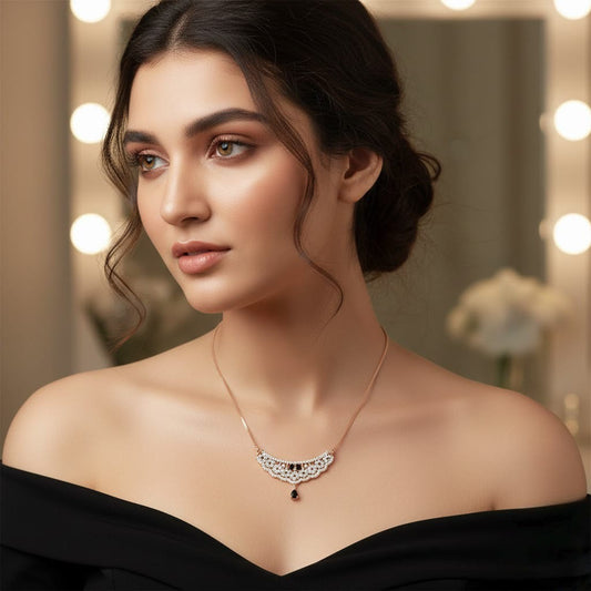 Elegant Crystal Lace Pendant Necklace for Women – Gold Plated Black Stone Party Wear Jewelry