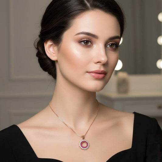 Elegant Pink Halo Pendant Necklace in Rose Gold – Crystal Circle Charm Necklace for Women | Bridal & Party Jewelry