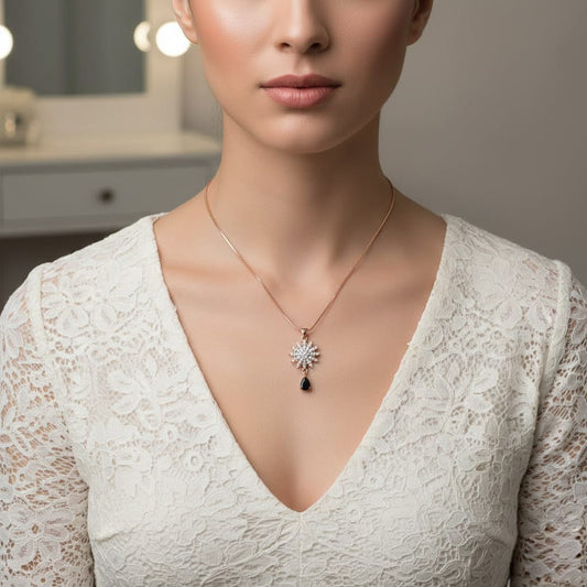 Elegant Snowflake Pendant Necklace with Black Teardrop Stone – Rose Gold Chain | Bridal & Party Jewelry