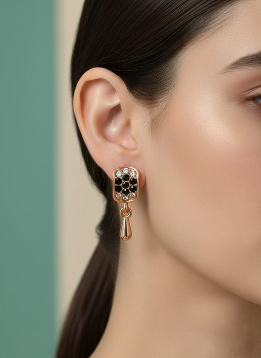 Luxury Gold  Drop Earrings with Black Stud – Elegant Designer Party Wear Earrings for Women