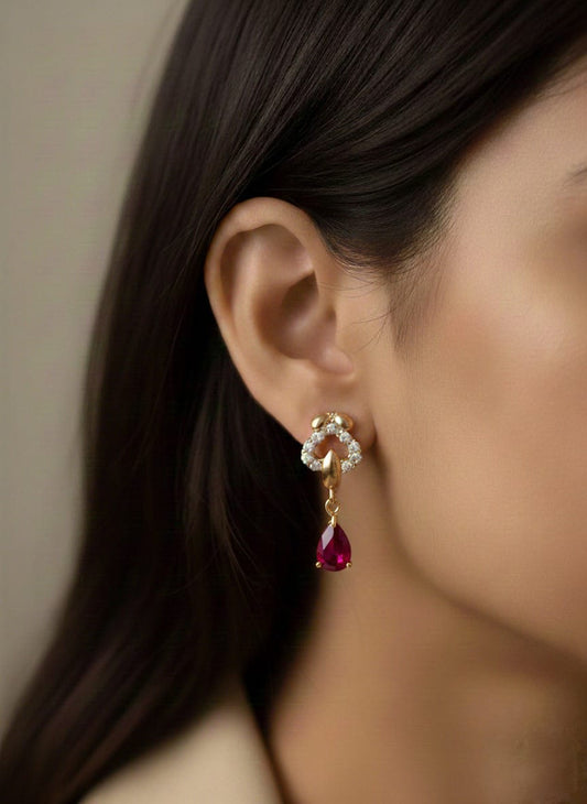 Luxury Gold Plated Heart Drop Earrings with Vibrant Red Ruby Teardrop and Sparkling Crystal Accents - Elegant Women's Fashion Jewelry for Valentine's Day, Weddings, and Special Occasions