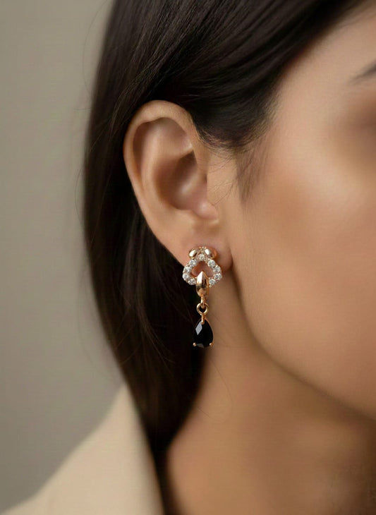 Luxury Gold Plated Heart Drop Earrings with Vibrant Black Ruby Teardrop and Sparkling Crystal Accents - Elegant Women's Fashion Jewelry for Valentine's Day, Weddings, and Special Occasions