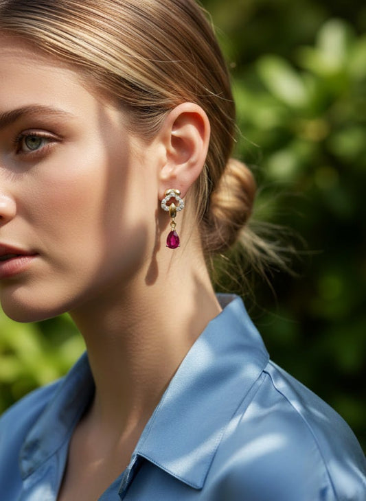 Luxury Gold Plated Heart Drop Earrings with Vibrant Wine Red Ruby Teardrop and Sparkling Crystal Accents - Elegant Women's Fashion Jewelry for Valentine's Day, Weddings, and Special Occasions