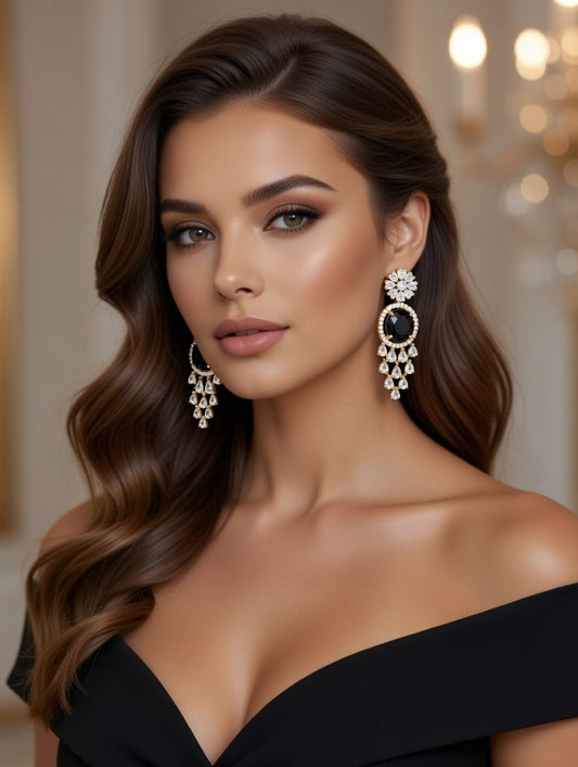 Luxury Black Stone Drop Earrings with Crystal Detailing – Elegant Party & Wedding Jewelry for Women